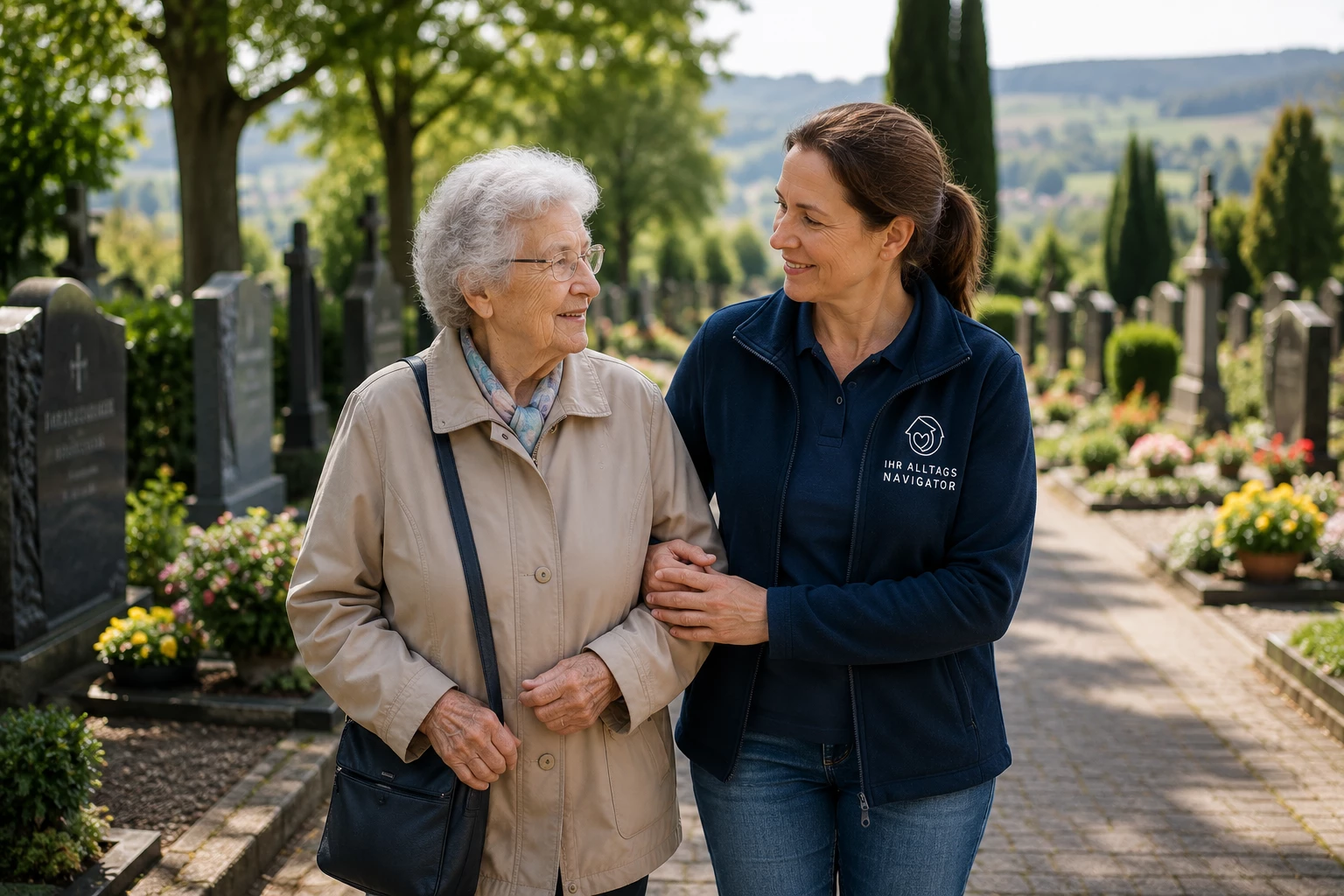 Ältere Dame und Begleiterin spazieren gemeinsam über einen Friedhof